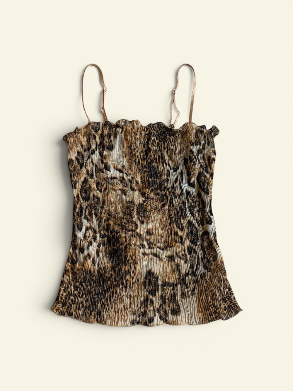 NWT Vintage Mandee Brown Leopard Plisse Cami Top Y2K Animal Print Lettuce Trim M